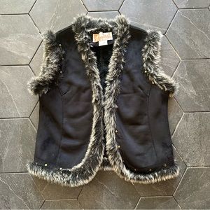 Y2K Style Black Sueded Faux Fur Trim Open Front Vest
